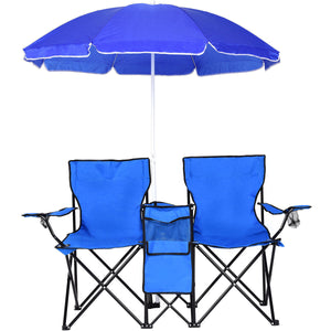 Costway Portable Folding Picnic Double Chair W/Umbrella Table Cooler Beach Camping Chair
